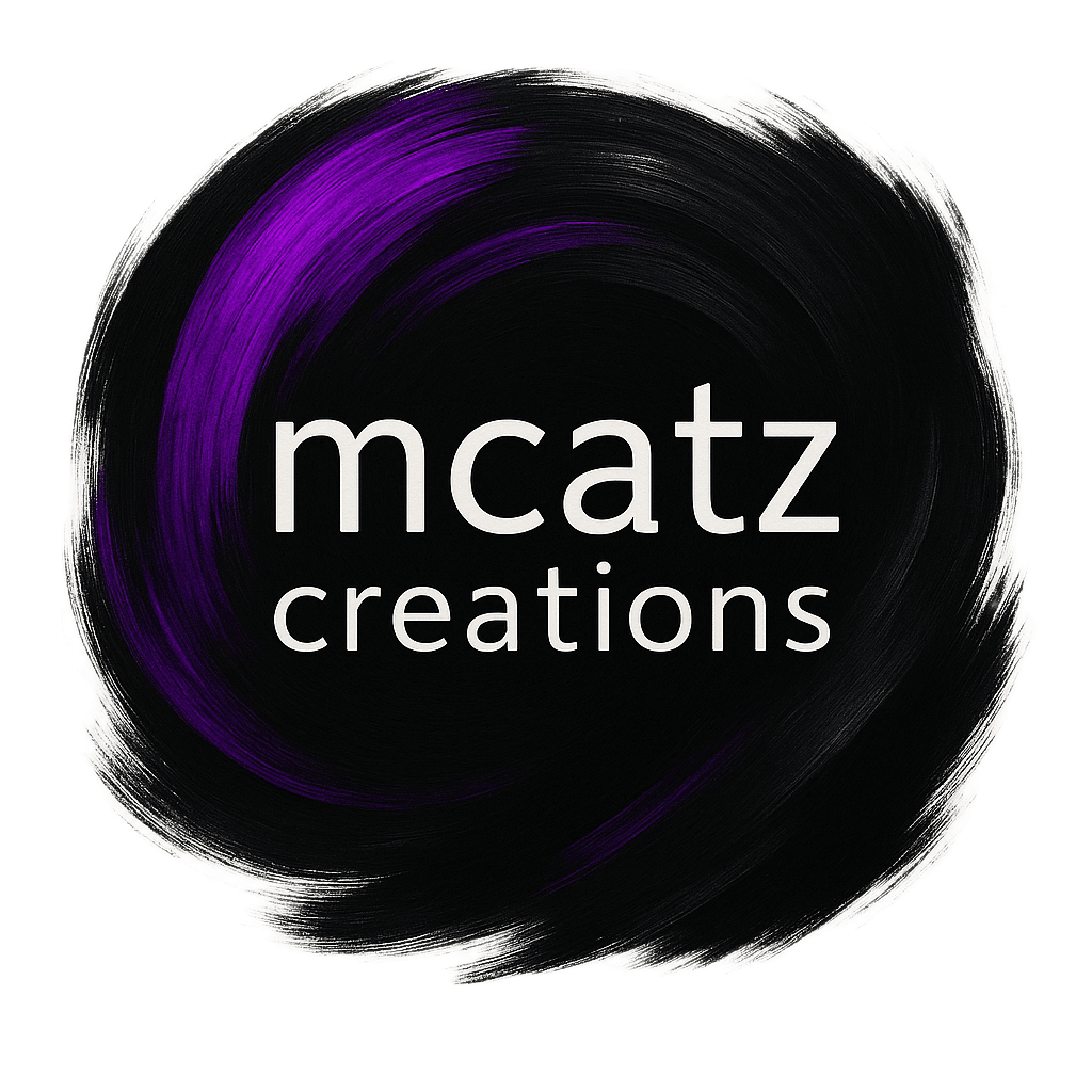 Mcatz Creations logo — brush circle with text “mcatz creations”