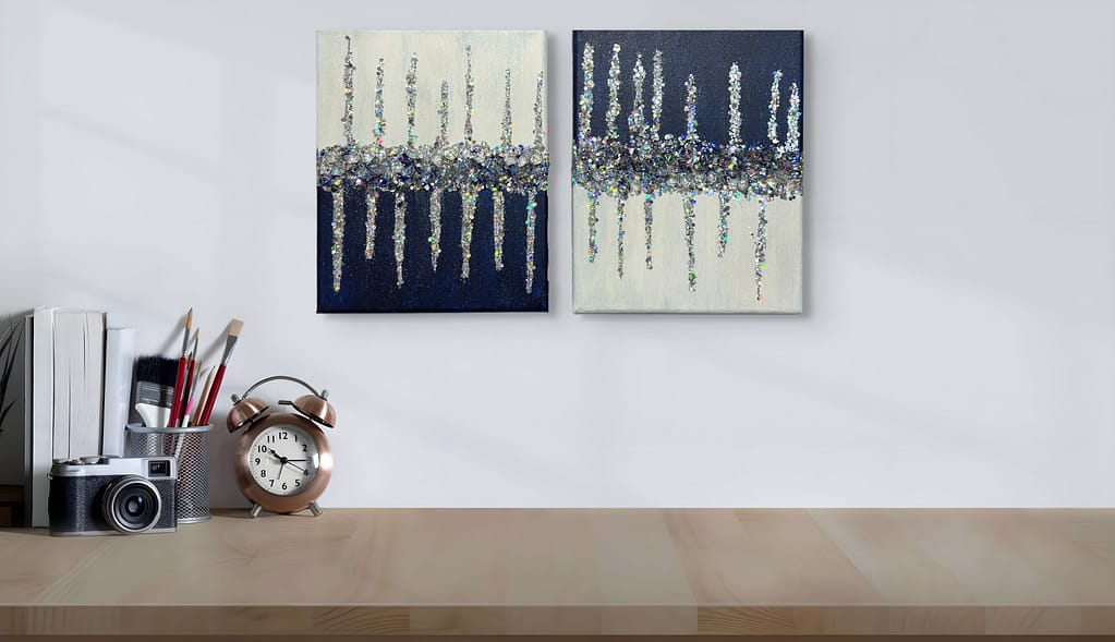 Close-up of “Crystal Tides” showing glass, crystals, and glitter texture in natural light.