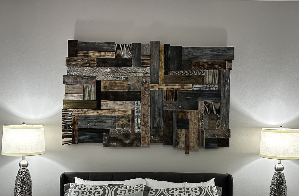 Ember Echoes shou sugi ban masterpiece burned wood abstract wall art in modern living room