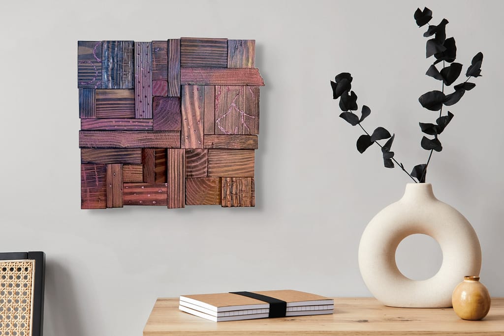 Starlit Showgirl mixed media artwork featuring orange, pink, and purple tones with a glossy finish, displayed and ready for gallery or shop.