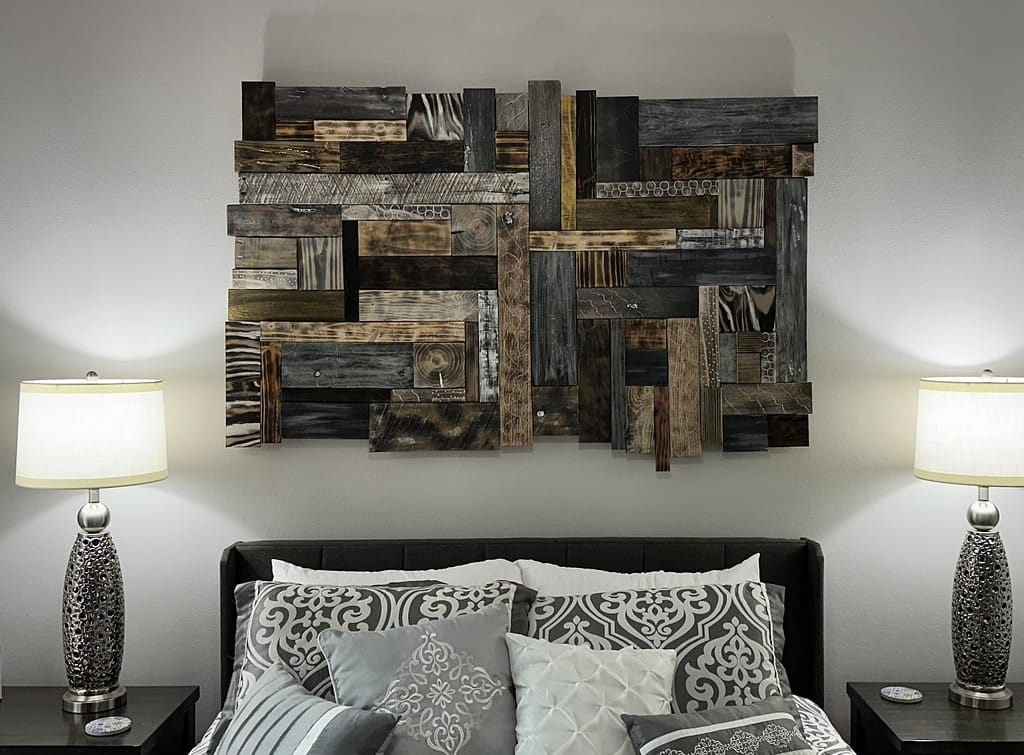 Ember Echoes shou sugi ban masterpiece burned wood abstract wall art in modern living room