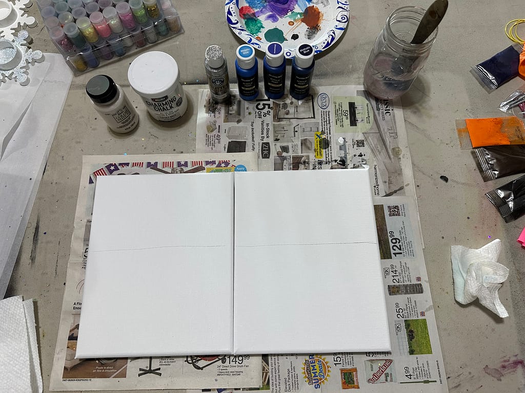 Selection of blue and white acrylic paints chosen for “Crystal Tides.”