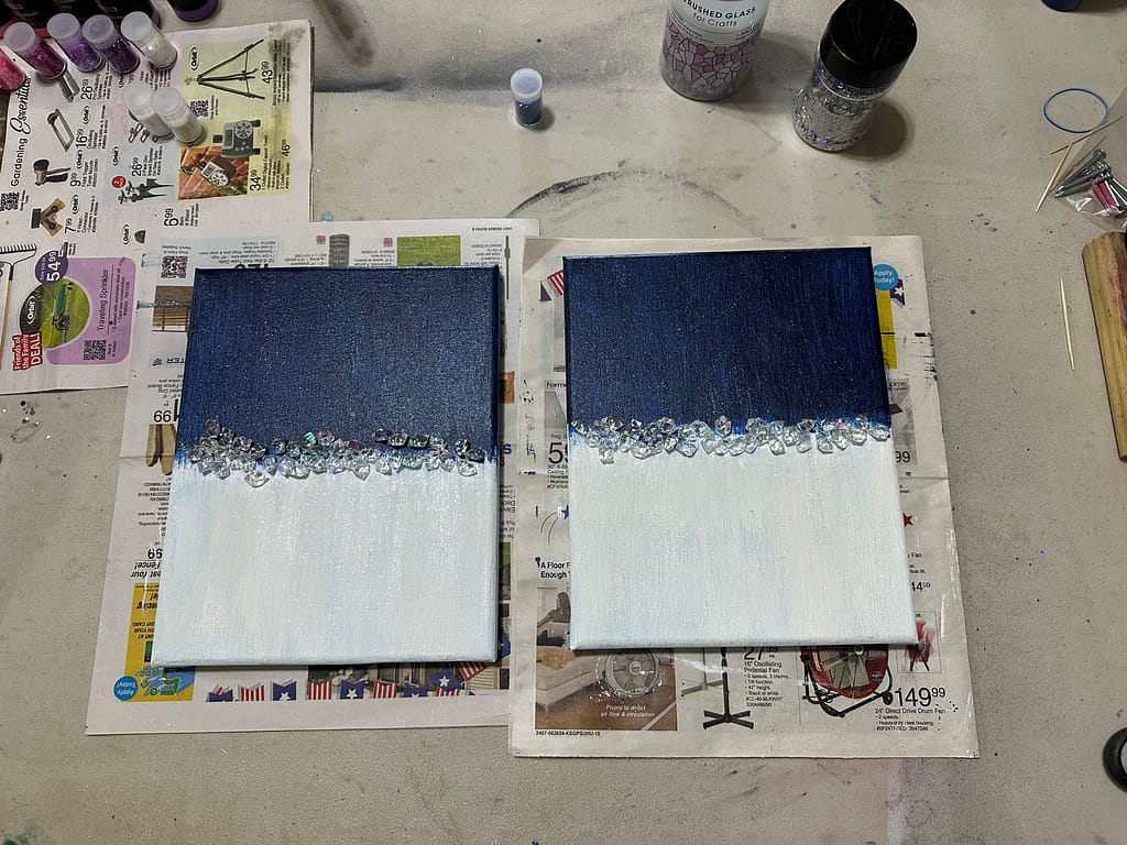 Crystals laid out on the canvas to plan placement.