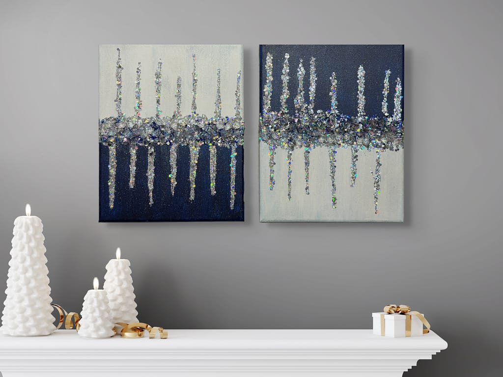 Alternate angle of “Crystal Tides” showing reflective surfaces and dimensional detail against a neutral wall.