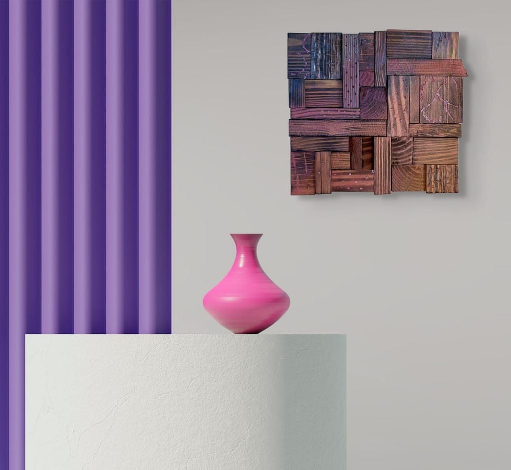 Starlit Showgirl shou sugi ban geometric wall sculpture with iridescent ombre in orange, raspberry, pink, and lavender