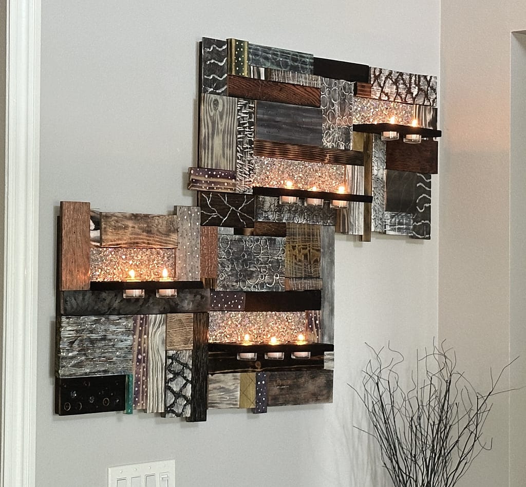 Glimmering Mosaic shou sugi ban mixed-media candle holder with metallic paints and crushed glass