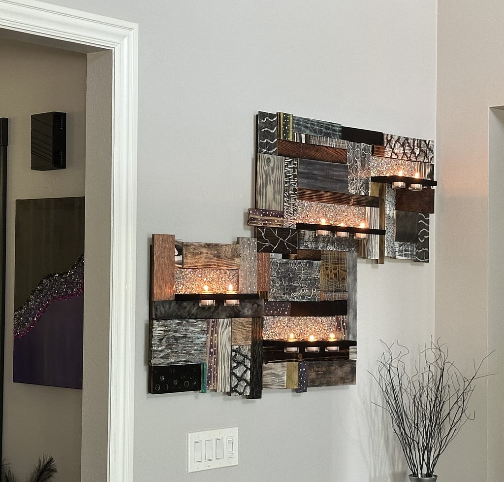 Glimmering Mosaic shou sugi ban mixed-media candle holder with metallic paints and crushed glass