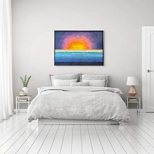 Hexagon Horizon Sunrise wood wall art hanging above a neutral bed in a bright bedroom