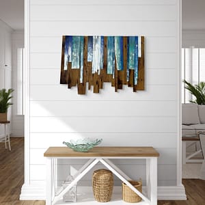 Ocean Mist Mosaic wood wall art hanging above a console table in a bright coastal entryway